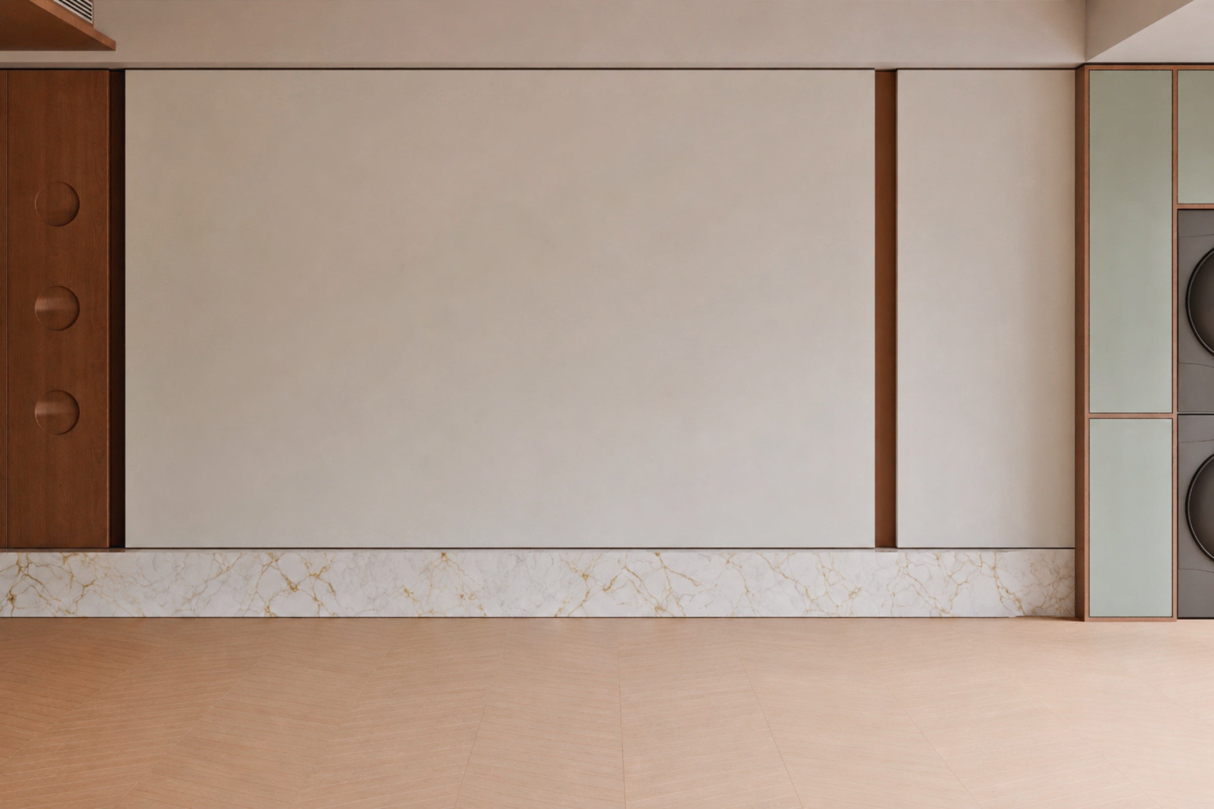 An empty room with wood panels and a pale feature wall.
